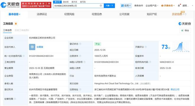 螞蟻集團(tuán)成立云帆科技，注冊(cè)資本1000萬(wàn)布局計(jì)算機(jī)軟硬件零售